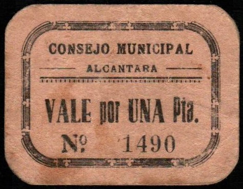 Alcántara del Júcar, Valencia. Consejo Municipal. 1 peseta. Sin serie. G46. M69....