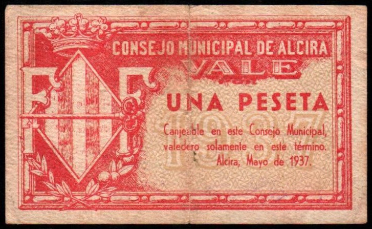 Alcira, Valencia. Consejo Municipal. Mayo de 1937. 1 peseta. Sin serie. G51; M80...