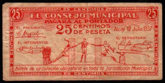 Alcoy, Alicante. Consejo Municipal. 12 de julio de 1937. 25 céntimos. 1ª emisión...