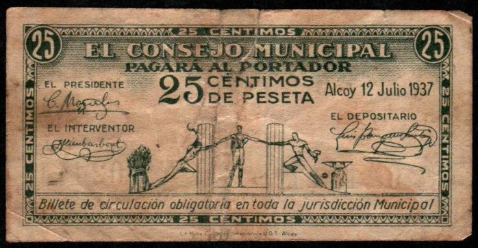 Alcoy, Alicante. Consejo Municipal. 12 de julio de 1937. 25 céntimos. 2ª emisión...