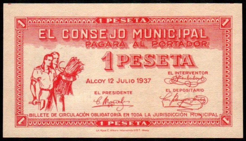 Alcoy, Alicante. Consejo Municipal. 12 de julio de 1937. 1 peseta. 2ª emisión. S...