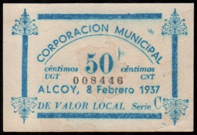 Alcoy, Alicante. Corporación Municipal. 8 de febrero de 1937. 50 céntimos. 3ª em...