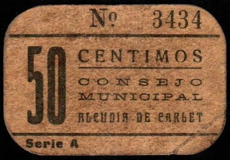 Alcúdia de Carlet, Valencia. Consejo Municipal. 50 céntimos. Serie A. G no cita;...