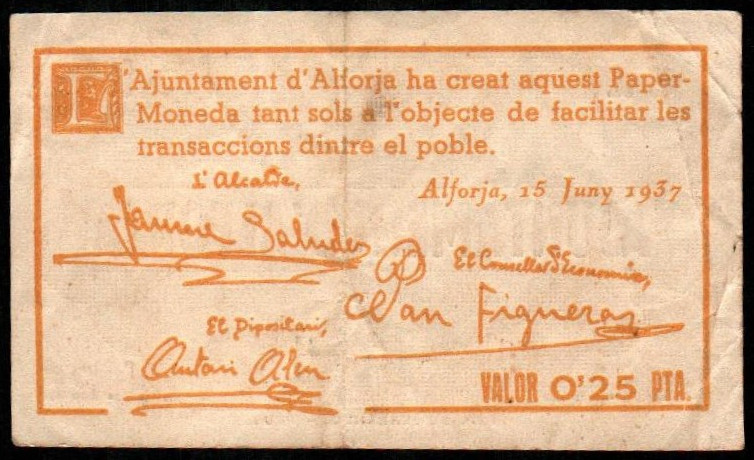 Alforja, Tarragona. Ayuntamiento. 15 de junio de 1937. 25 céntimos. Sin serie. G...