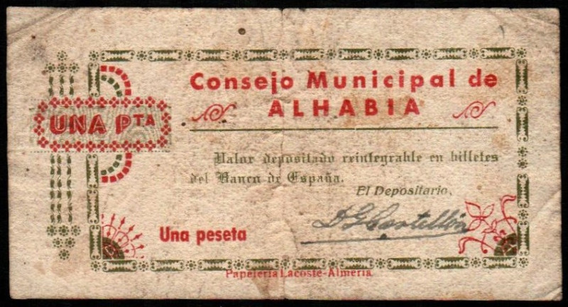 Alhabia, Almería. Consejo Municipal. 1 peseta. G73; M121B (-- --€). Algo sucio. ...