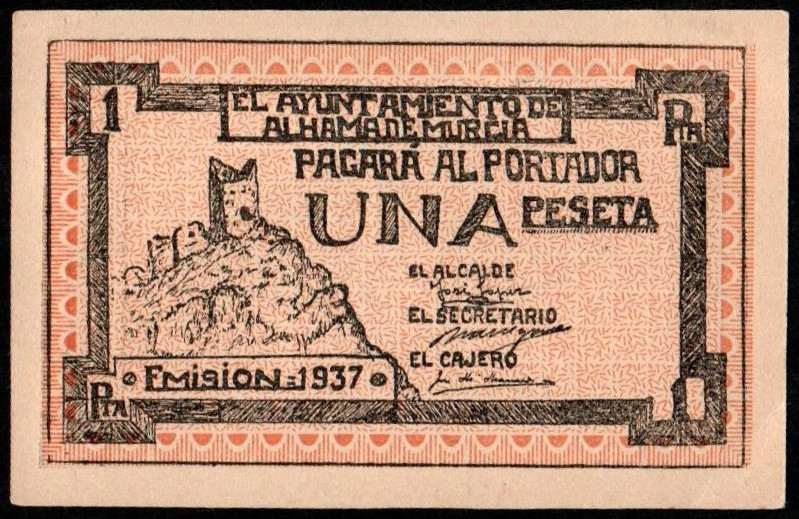 Alhama de Murcia, Murcia. Ayuntamiento. 1937. 1 peseta. 1ª emisión. Serie D. G74...