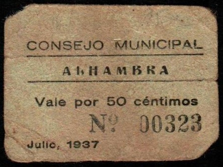 Alhambra, Ciudad Real. Consejo Municipal. Julio de 1937. 50 céntimos. Sin serie....