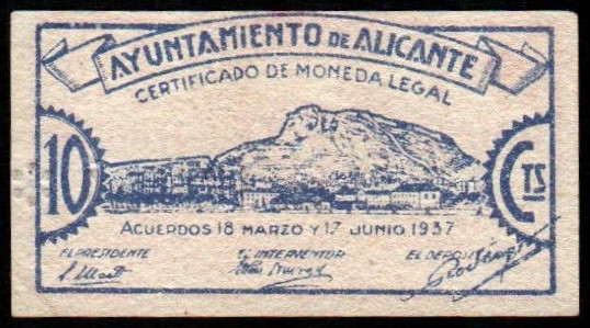 Alicante. Ayuntamiento. 1937. 10 céntimos. Serie D. G78D; M126A. SC-, apresto or...