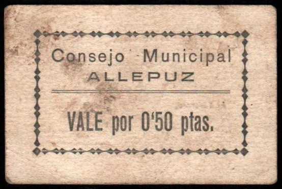 Allepuz, Teruel. Consejo Municipal. 50 céntimos. G79; M no cita. Leve suciedad. ...