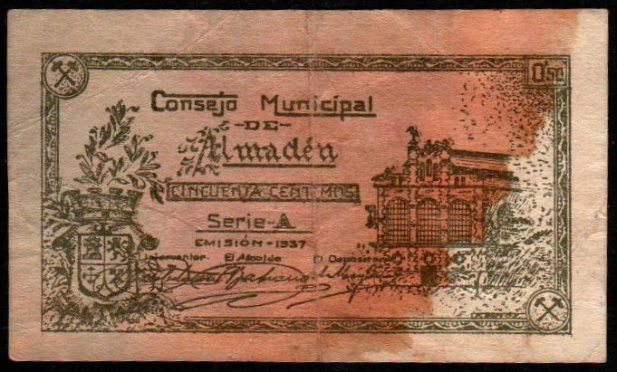 Almadén, Ciudad Real. Consejo Municipal. 1937. 50 céntimos. Serie A. G81; M130B....