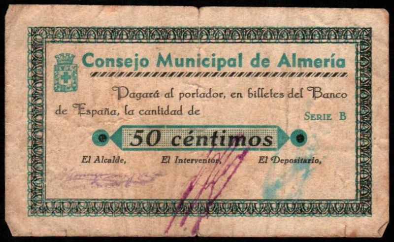 Almería. Consejo Municipal. 50 céntimos. Serie B. G86b; M139B. MBC-