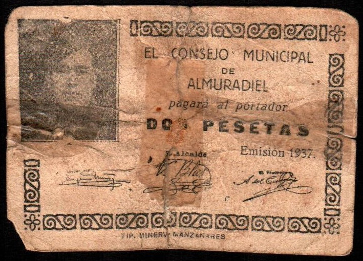 Almuradiel, Ciudad Real. Consejo Municipal. 1937. 2 pesetas. G93; M149E. Roto y ...