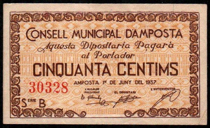 Amposta, Tarragona. Consejo Municipal. 1 de junio de 1937. 50 céntimos. Serie B....