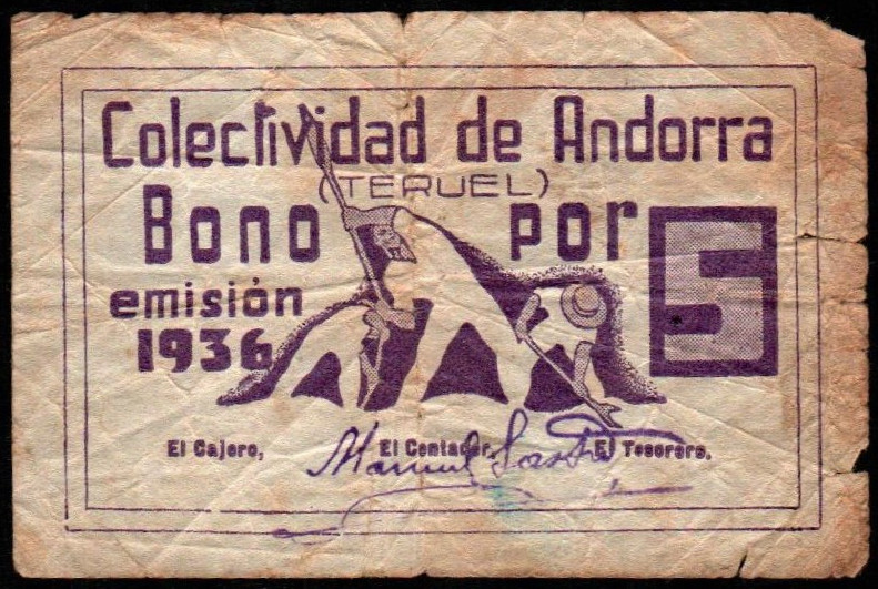 Andorra, Teruel. Colectividad. 1936. 5 ¿céntimos/enteros?. G99; M167C (clasifica...