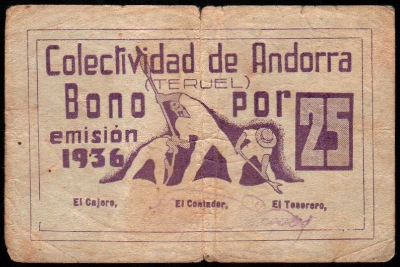 Andorra, Teruel. Colectividad. 1936. 25 ¿céntimos/enteros). G99; M no cita. Leve...