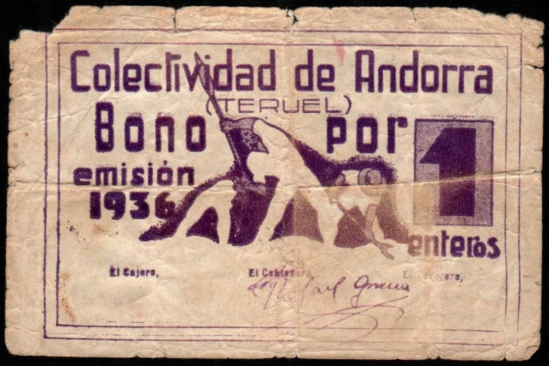 Andorra, Teruel. Colectividad. 1936. 1 entero. Sin firmas de cajero ni tesorero....