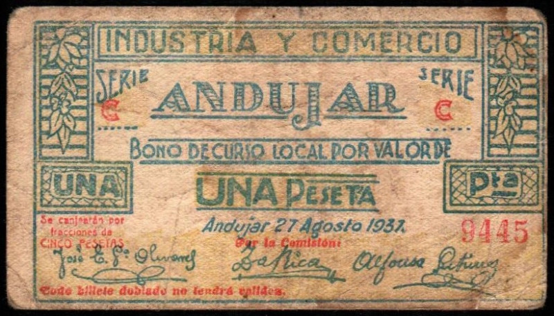 Andújar, Jaén. Industria y comercio. 27 de agosto de 1937. 1 peseta. 2ª emisión....