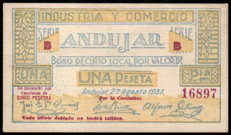 Andújar, Jaén. Industria y comercio. 27 de agosto de 1937. 1 peseta. 2ª emisión....