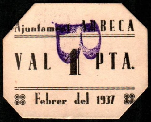 Arbeca, Lleida. Ayuntamiento. Febrero de 1937. 1 peseta. 2ª emisión. Numeración ...