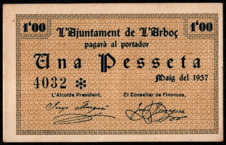 Arboç, L’, Tarragona. Ayuntamiento. Mayo de 1937. 1 peseta. Sin serie. G46; T225...