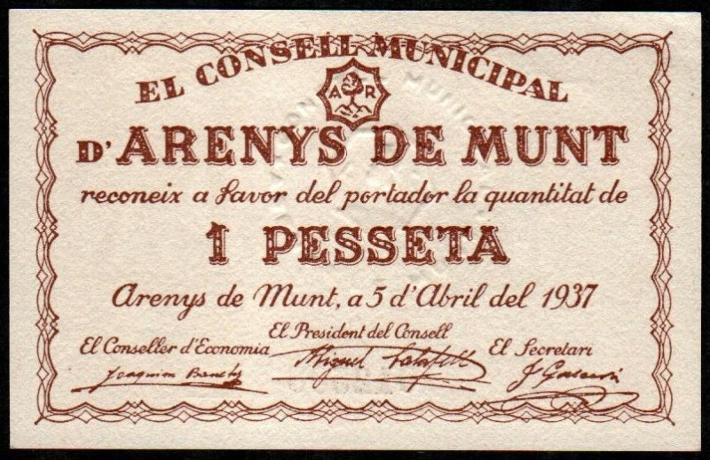 Arenys de Munt, Barcelona. Consejo Municipal. 5 de abril de 1937. 1 peseta. Sin ...