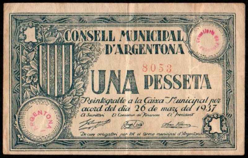 Argentona, Barcelona. Consejo Municipal. 1 peseta. 1ª emisión. Sin serie. G54; T...