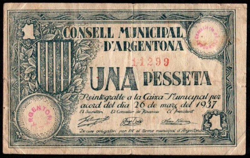 Argentona, Barcelona. Consejo Municipal. 1937. 1 peseta. 1ª emisión. Sin serie. ...