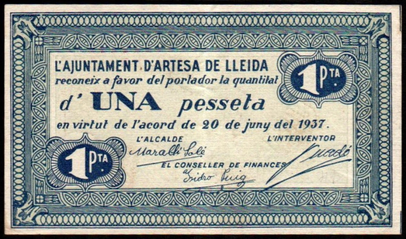 Artesa de Lleida, Lleida. Ayuntamiento. 1937. 1 peseta. Sin serie. G58; T287; M1...