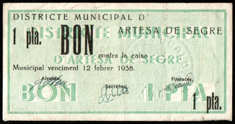 Artesa de Segre, Lleida. Distrito Municipal. 12 de julio de 1937. 1 peseta. Sin ...