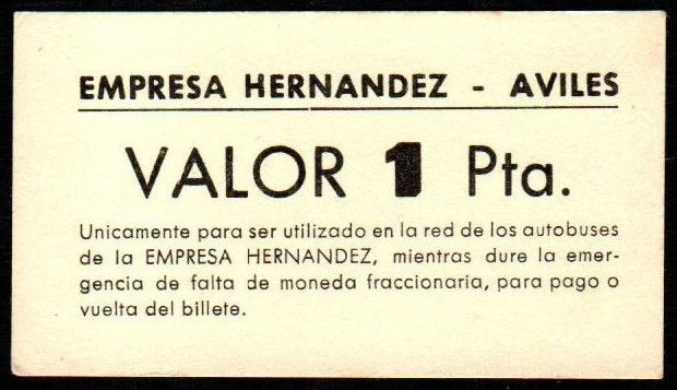 Avilés, Asturias. Empresa Hernández. 1 peseta. Serie D. G y M no citan. Práctica...