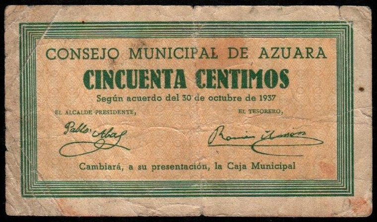 Azuara, Zaragoza. Consejo Municipal. 30 de octubre de 1937. 50 céntimos. Serie B...