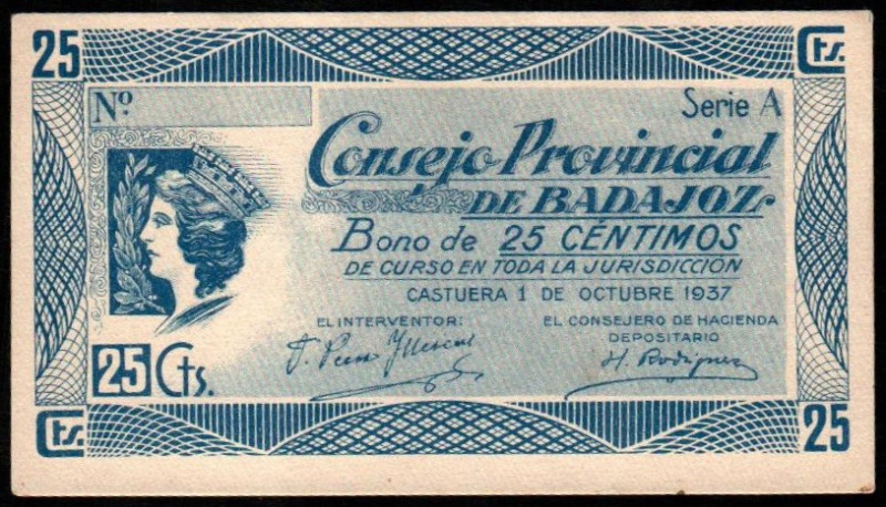 Badajoz. Consejo Municipal. 1 de octubre de 1937. 25 céntimos. Serie A. G118; M2...