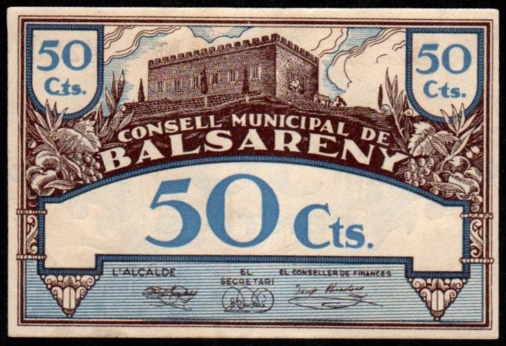 Balsareny, Barcelona. Consejo Municipal. 50 céntimos. 2ª emisión. Serie A. G72a;...