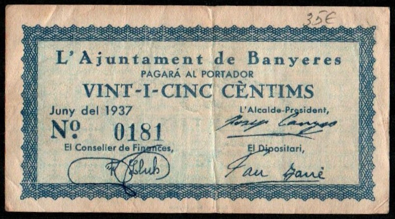 Banyeres, Tarragona. Ayuntamiento. Junio de 1937. 25 céntimos. Sin serie. Numera...