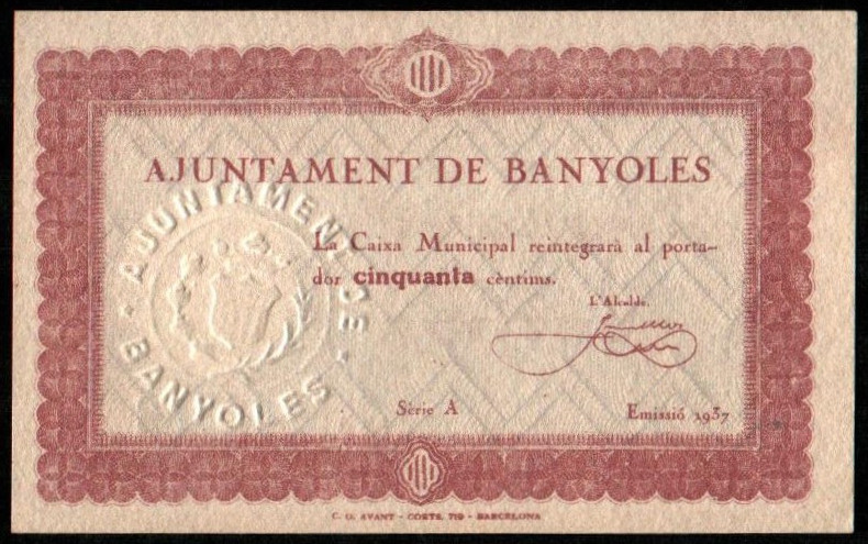 Banyoles, Girona. Ayuntamiento. 1937. 50 céntimos. 2ª emisión. Serie A. G74a; T3...