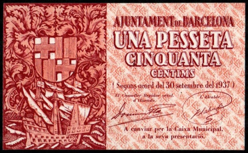 Barcelona. Ayuntamiento. 1´5 pesetas. 3ª emisión. Serie A. G78.1; T372a; M236E. ...