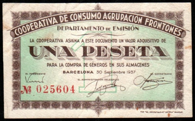 Barcelona. Cooperativa de Consumo Agrupación Frontones. 30 de septiembre de 1937...