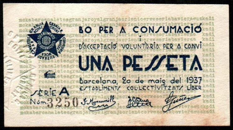 Barcelona. Granja Royal. 20 de mayo de 1937. 1 peseta. Serie A. G, T y M no cita...