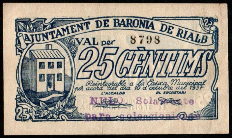 Baronia de Rialb, Lleida. Ayuntamiento. 25 céntimos. Sin serie. G79; T378a; M239...