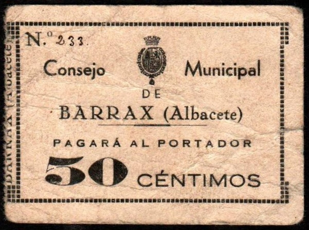 Barrax, Albacete. Consejo Municipal. 50 céntimos. Sin serie. G y M no citan. MBC...