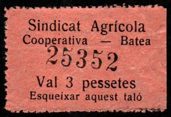 Batea, Tarragona. Sindicato Agrícola. 3 pesetas. Sin serie. G, T y M no citan. M...