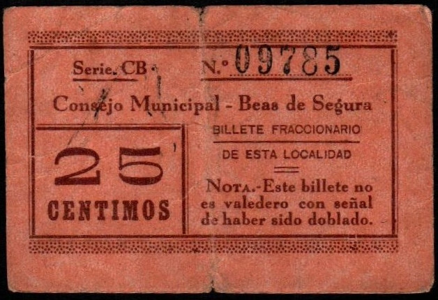 Beas de Segura, Jaén. Consejo Municipal. 25 céntimos. 1ª emisión. Serie CB. G133...