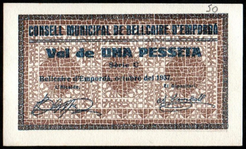 Bellcaire d’Emporda, Girona. Octubre de 1937. 1 peseta. Serie C. G88a; T432b; M2...