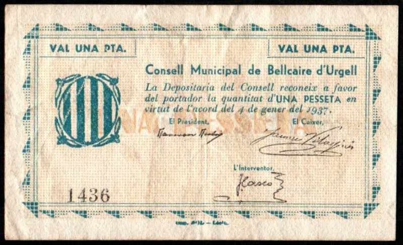 Bellcaire d'Urgell. Consejo Municipal. 1 peseta. Sin serie. G89; T437b; M236D. C...