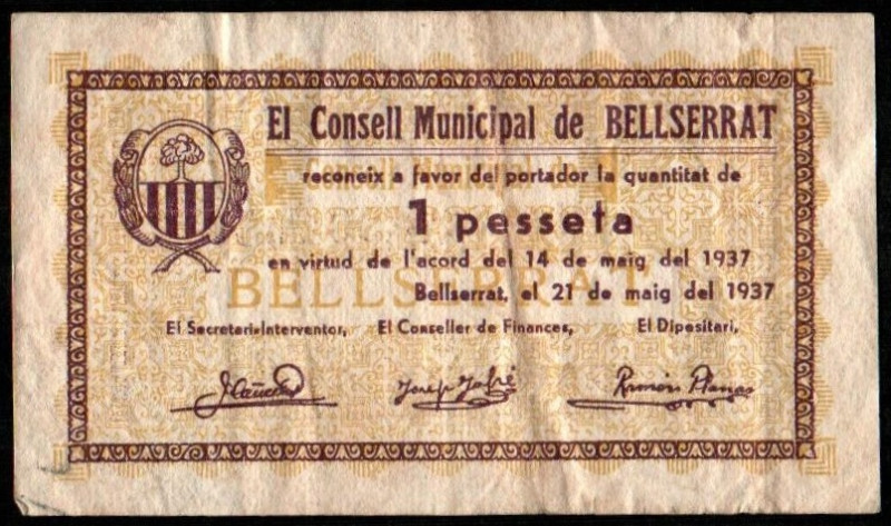 Bellserrat, Barcelona. Consejo Municipal. 21 de agosto de 1937. 1 peseta. Sin se...