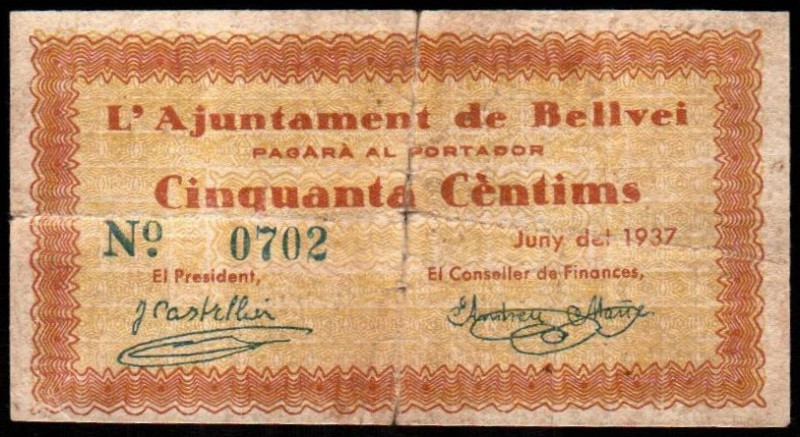 Bellvei, Tarragona. Ayuntamiento. Junio de 1937. 50 céntimos. Sin serie. Numerac...