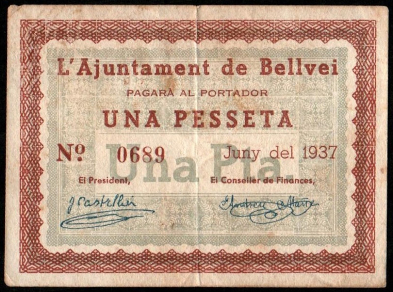 Bellvei, Tarragona. Ayuntamiento. Junio de 1937. 1 peseta. Sin serie. Numeración...