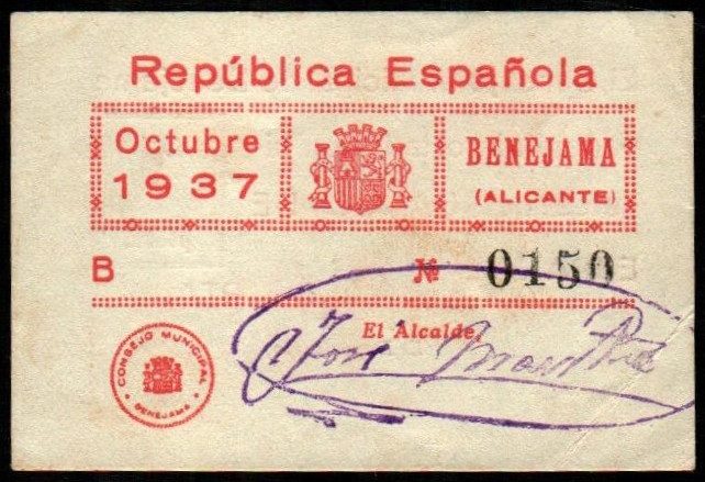 Benejana, Alicante. Consejo Municipal. Octubre 1937. 1 peseta. Serie B. Numeraci...