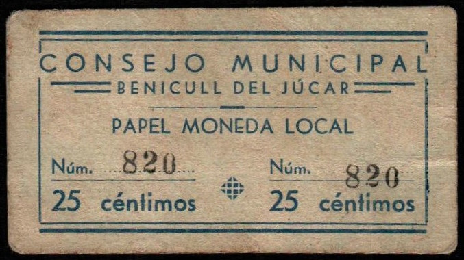 Benicull del Júcar, Valencia. Consejo Municipal. 25 céntimos. Numeración no alta...