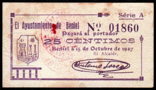 Beniel, Murcia. Ayuntamiento. 15 de octubre de 1937. 25 céntimos. 3ª emisión. Se...